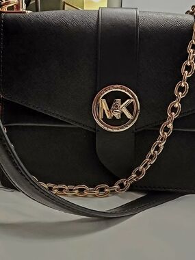 Michael Kors Black Crossbody with Rose Gold MK Chain Accent